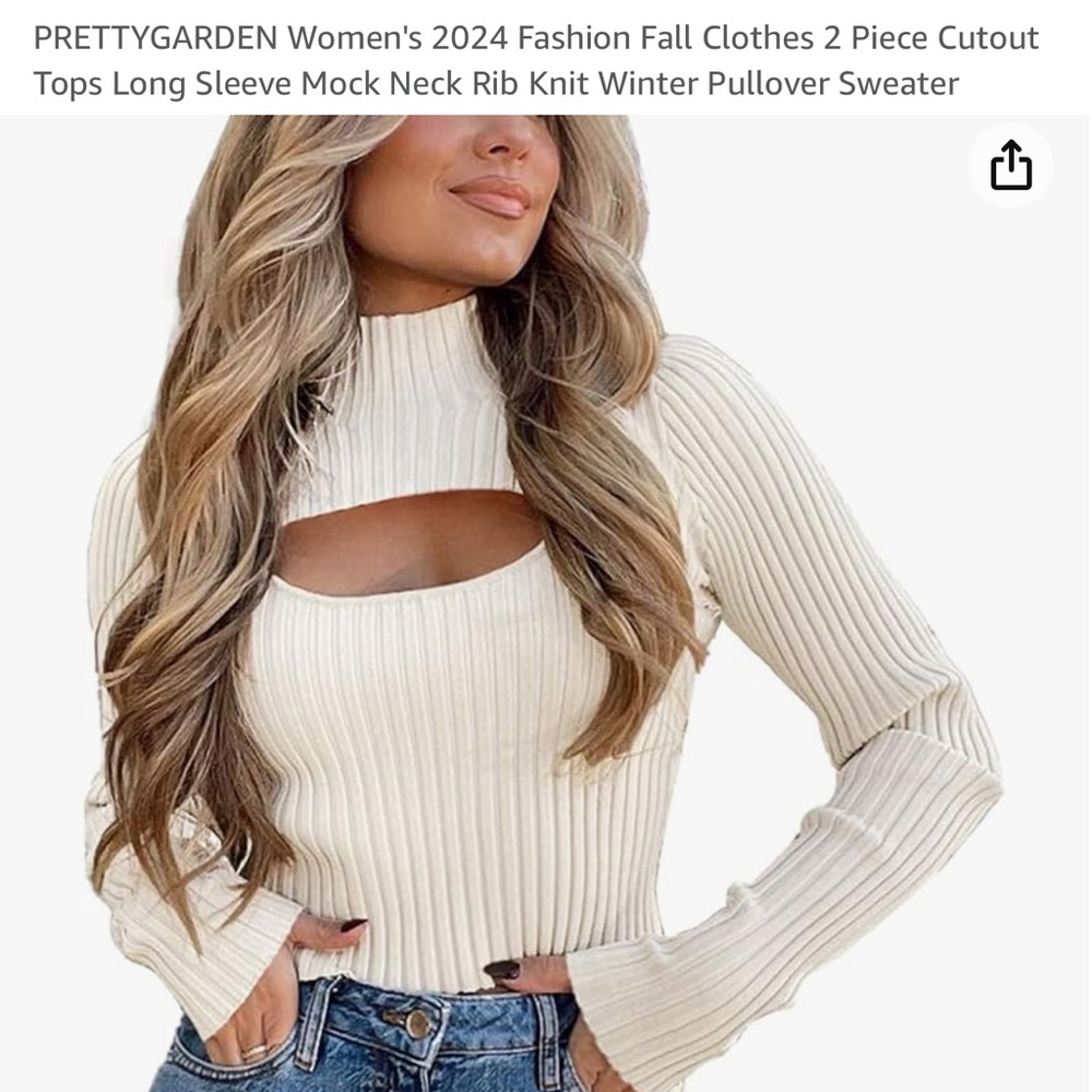 2 Piece Cutout Tops Long Sleeve Mock Neck Rib Knit Winter Pullover Sweater